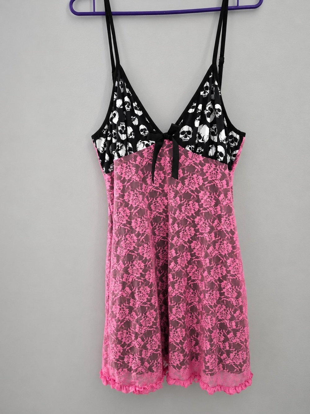 ROMWE Pink Lace Chemise with Black Skull Bodice and Bow